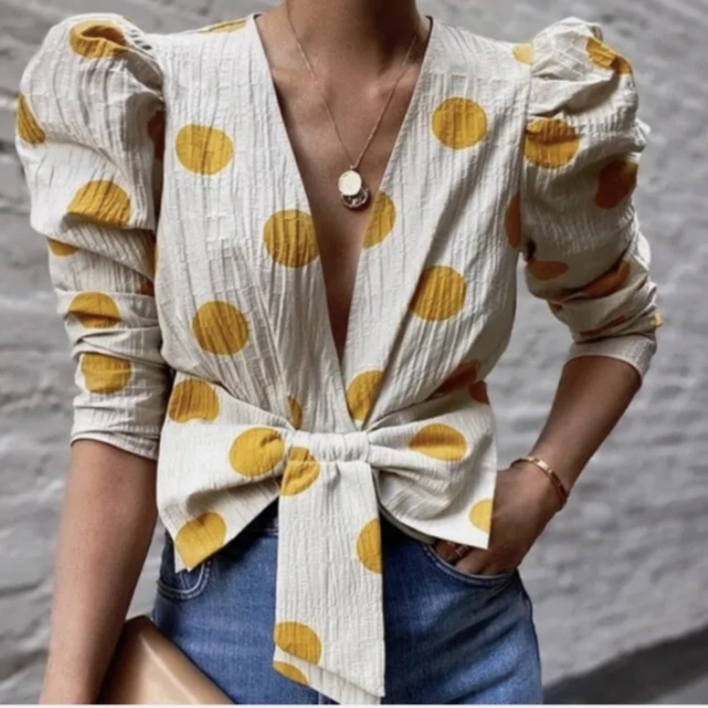 NWT Zara Polka Dot Puff Sleeve Bow Top 3564/026